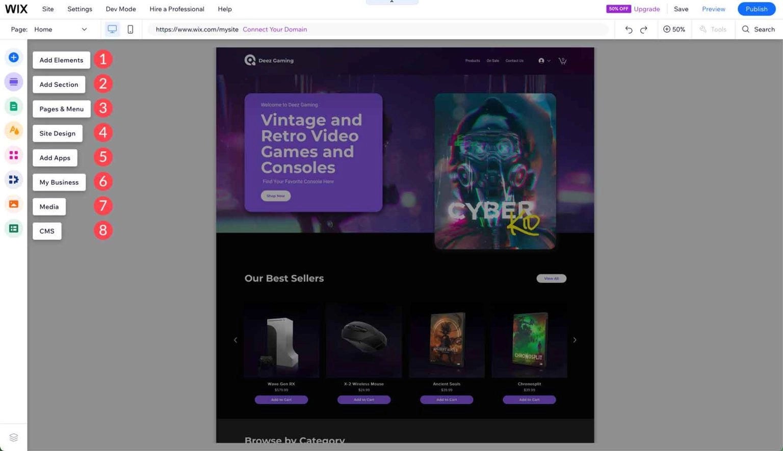 Die Wix Webseiten-Builder-Schnittstelle Die Wix Webseiten-Builder-Schnittstelle